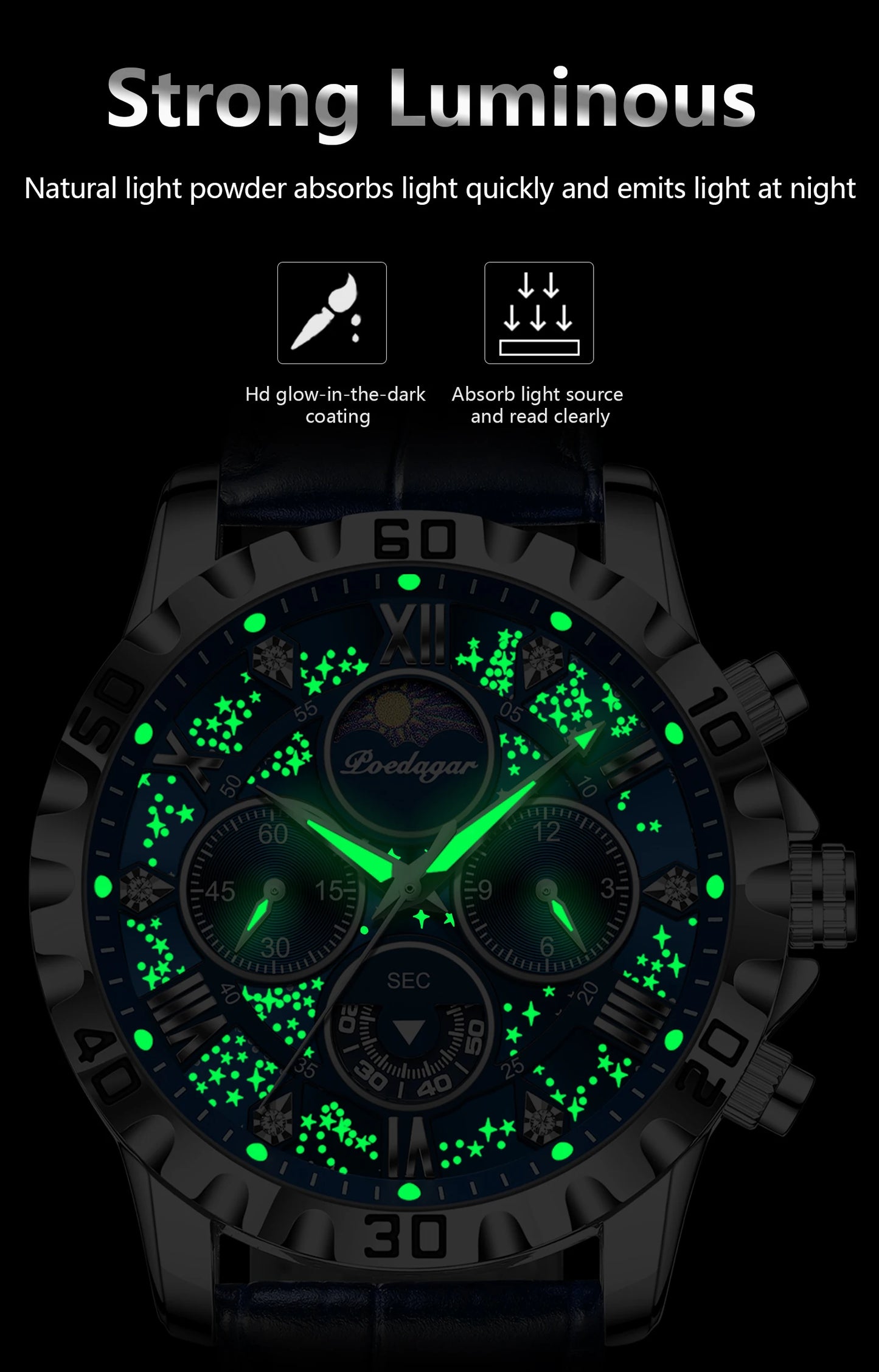 POEDAGAR Luxury Fashion Man Watch Waterproof Luminous Chronograph Leather Watches For Men Sports Outdoor Men's Quartz Wristwatch