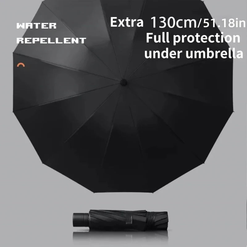 Extra Large 12-Rib Reinforced Umbrella Windproof UV Protection Heavy Rain Compact Fold Design 130cm for Sun And Rain