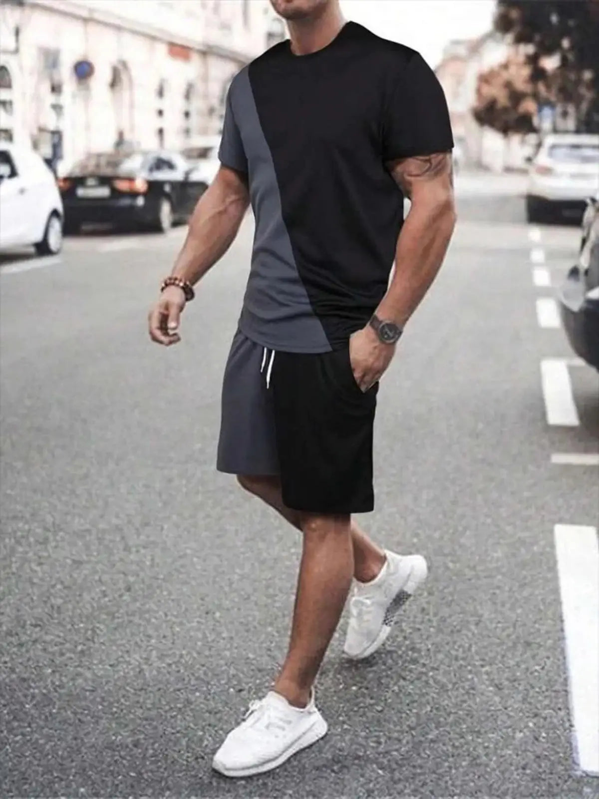 Men's summer striped letter printed soft and breathable round neck T-shirt shorts set, outdoor urban casual two-piece set