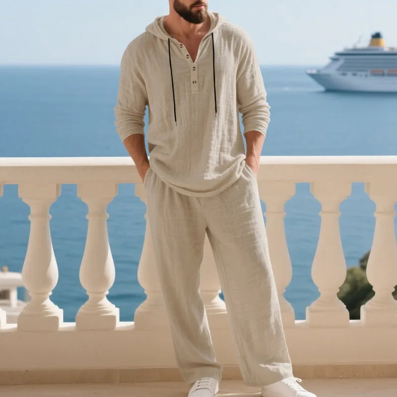 Men's Linen Hooded Sets 2 Piece Outfit Summer Casual Long Sleeve Hoodie and Wide Leg Pants Set for Men