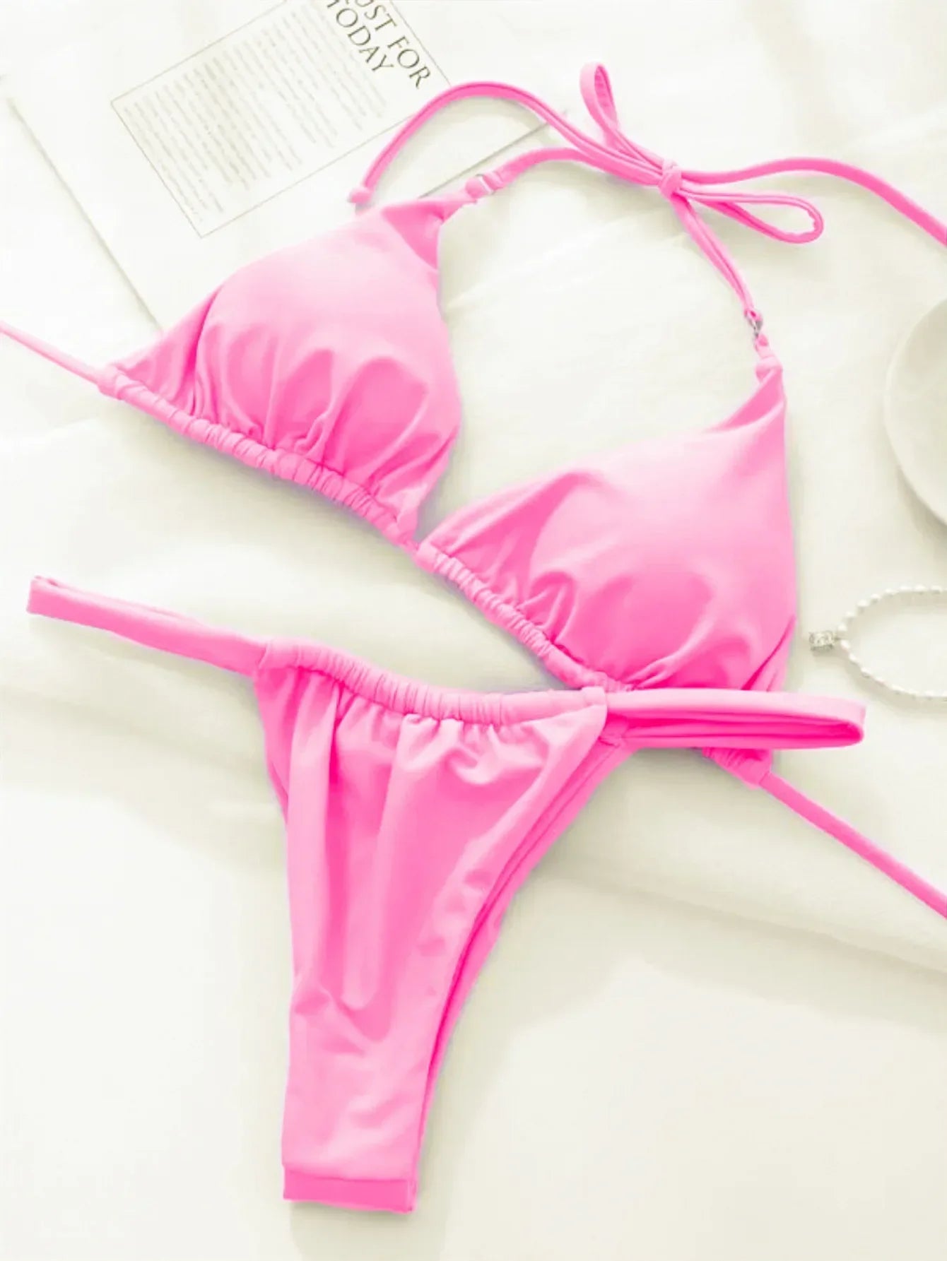 PU Pleated Ruched Bikinis Mini Micro Thong Bikini Women Swimwear Female Swimsuit Two-pieces Bikini Set Halter Bathing Suit Swim