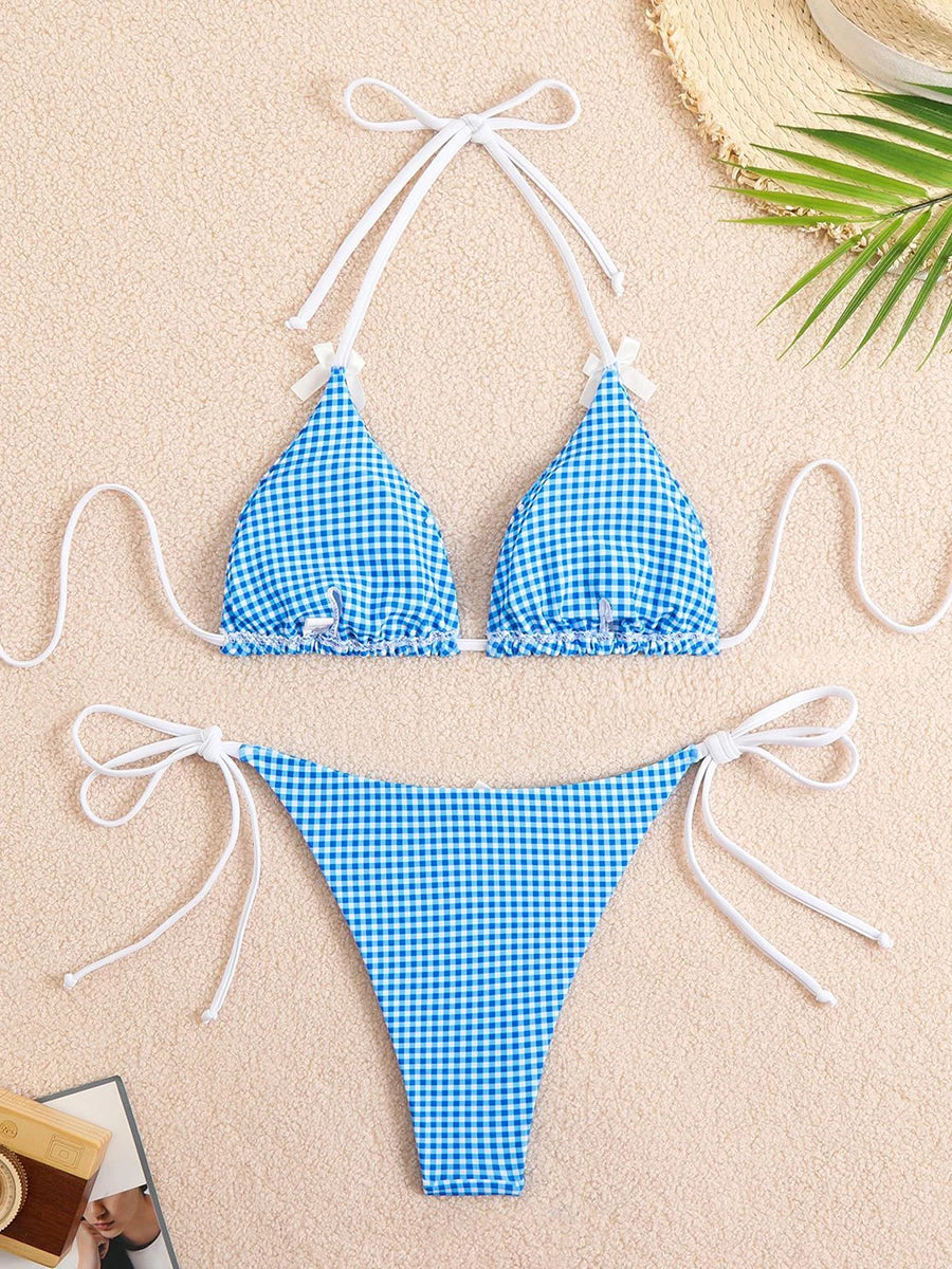 Sexy Bikini Women's Swimsuit Butterfly Decor Checked Swimwear 2026 Halter Thong Bikinis Sets Swimming for Beachwear Bathing Suit