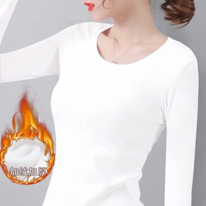 Women Thermal Underwear Winter Turtleneck Bottom Shirt Solid Semi High Collar Long Sleeve Basic T-Shirt Heating Fiber Pullovers