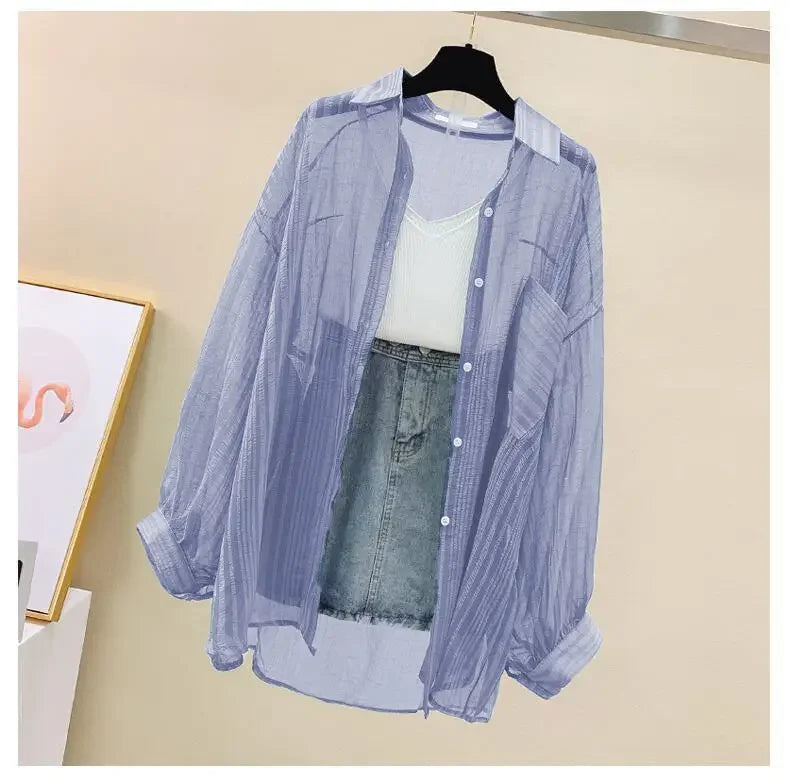 Summer Women's Elegant Chiffon Sunscreen Shirt Korean Harajuku Style See-Through Loose Blouse Thin Perspective Cardigan Yk2 Tops
