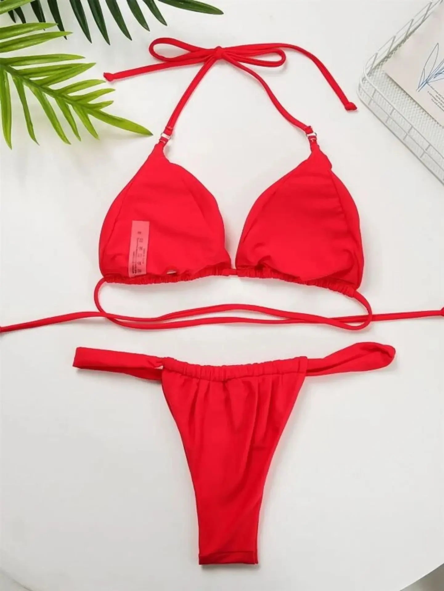 2025 Yearly Bikini Swimsuit Women's Separate Strap Pure Color Fabric Chest Pad Gathered Casual Beachwear Swimwear Set