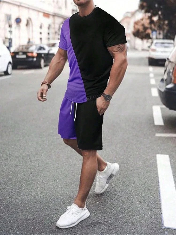 Men's summer striped letter printed soft and breathable round neck T-shirt shorts set, outdoor urban casual two-piece set