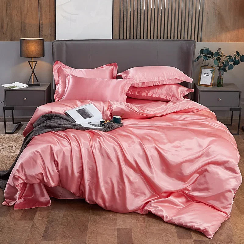 Solid Color Silk-like Bedding European and American Bed Sheet Quilt Cover Pillowcase