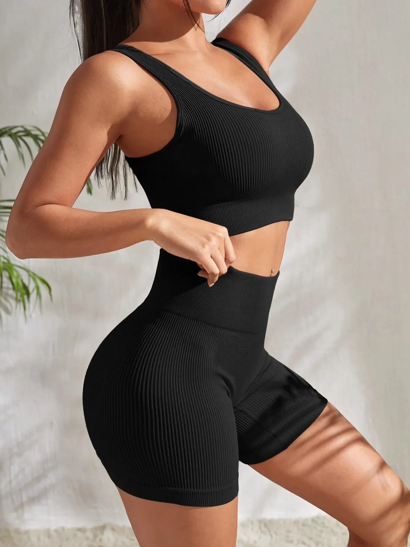 Seamless Ribbed Fitness Set for Women Solid Color Knit 2 Piece Workout Outfit Crop Tank High Waist Shorts Yoga Running