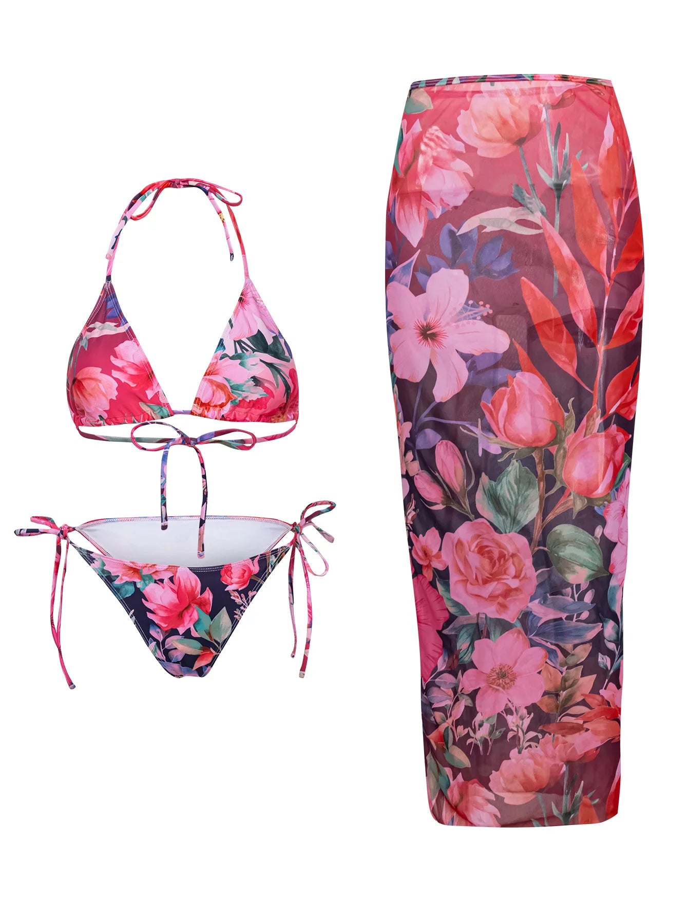 2026 New Flower Print Bikini Set Women's High Waist Long Skirt 3 Piece Swimsuit Sexy Mini Triangle Backless Thong Bathing Suit