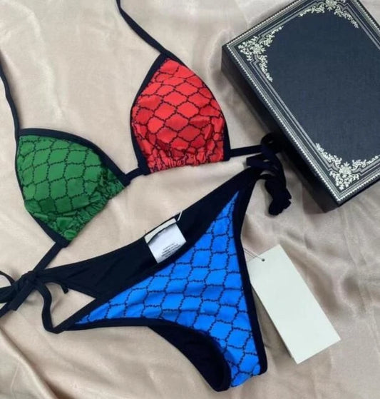 2025 New Women's Color Blocked Printed Strap Split Bikini Hot Spring Vacation Sexy Swimsuit