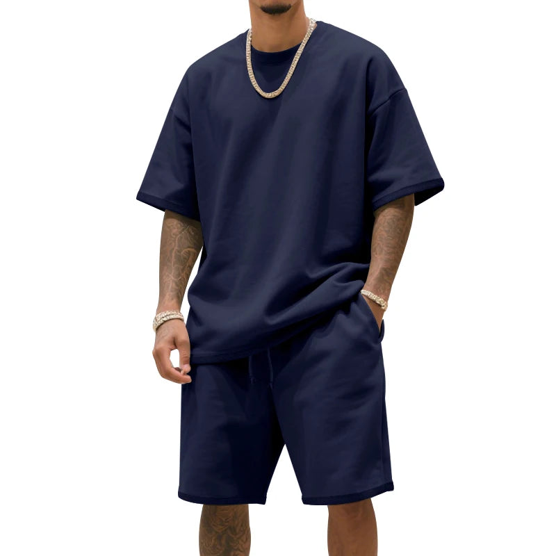 Men's two-piece clothing set, loose round-neck T-shirt and shorts set, casual sportswear, perfect for summer