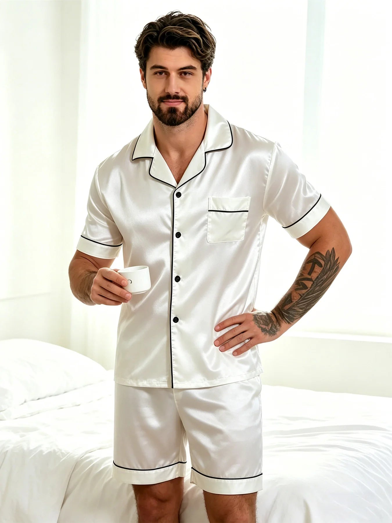 Men Satin Short Sleeve Pajama Set Summer Sleepwear for Man Button-Down Shirt & Elastic Waist Shorts Pajamas Home Clothes 2 Piece