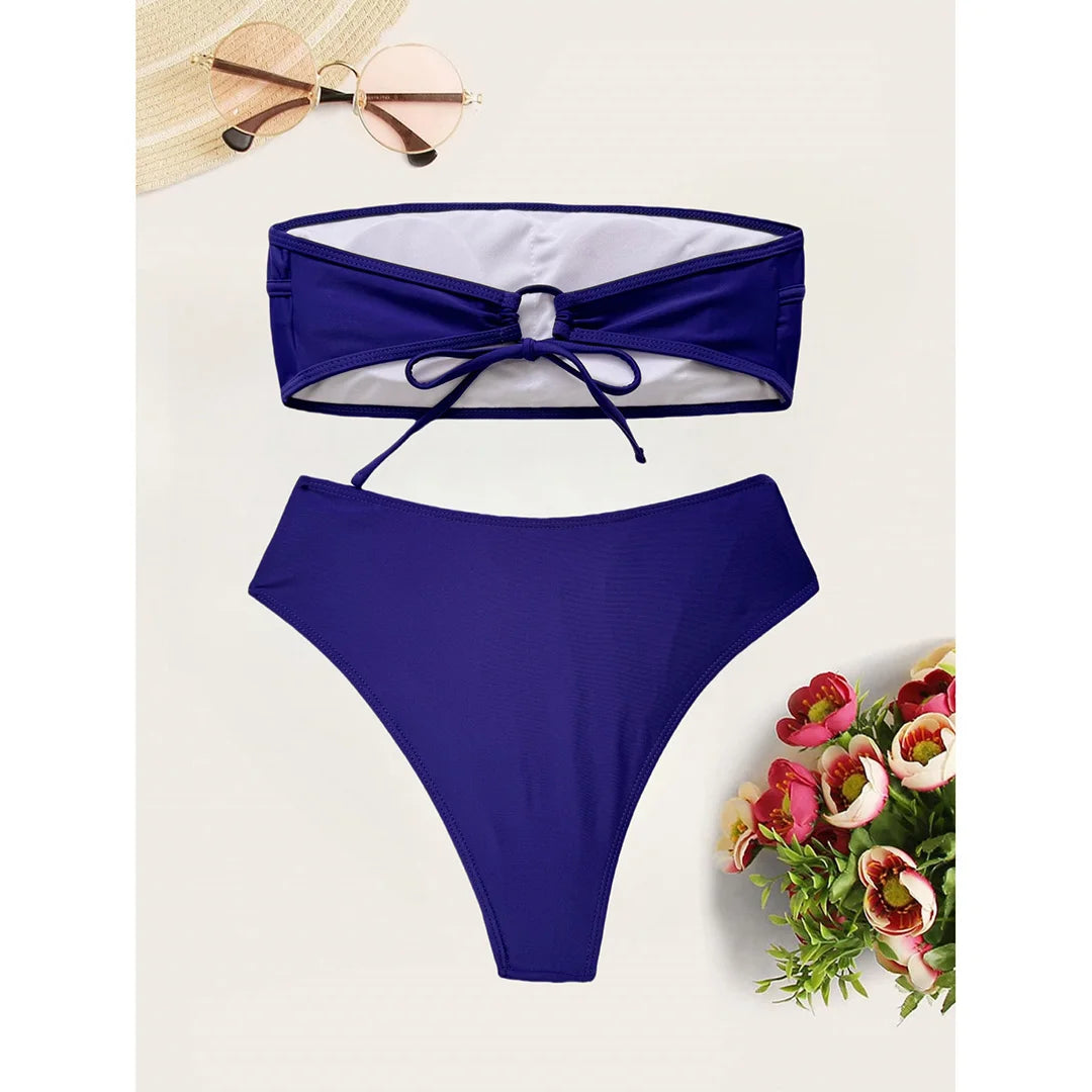 Sexy Bandeau High Leg Cut Female Swimsuit High Waist Bikini Women Swimwear Two-pieces Bikini set Bather Bathing Suit Swim V5444