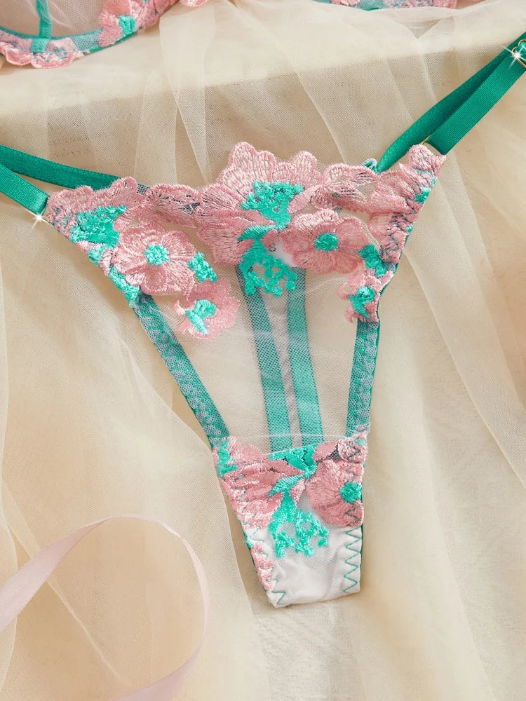 Sexy Lingerie for Women Floral Embroidery Lingerie Set Romantic Mesh Underwear Transparent Three-point Bra Set Intimate Lingerie