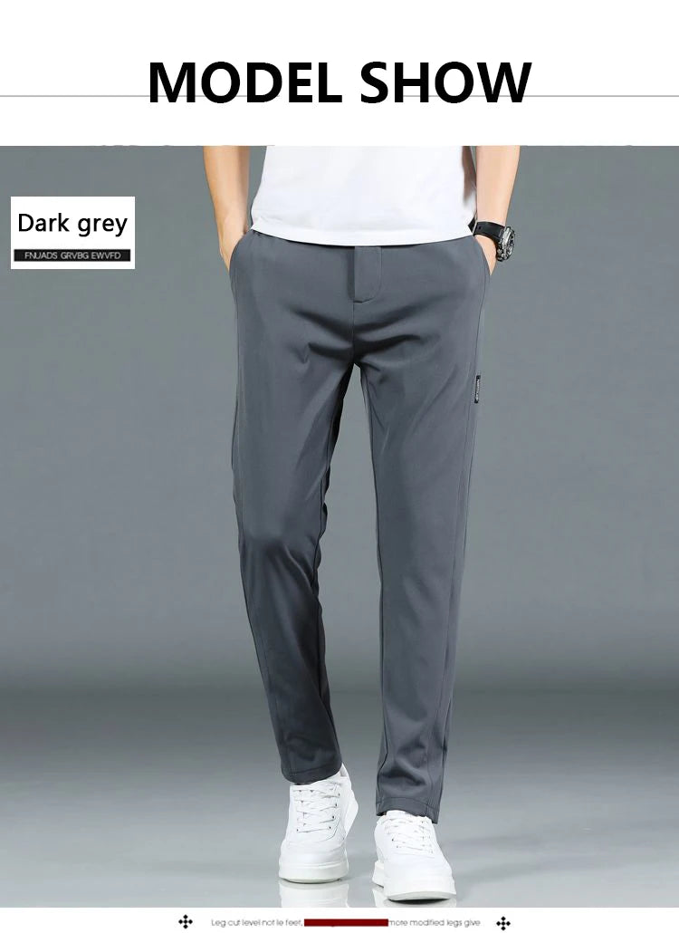 Ice silk men's pants 2025 summer new black gray thin business casual pants outdoor elastic breathable straight leg sports pants