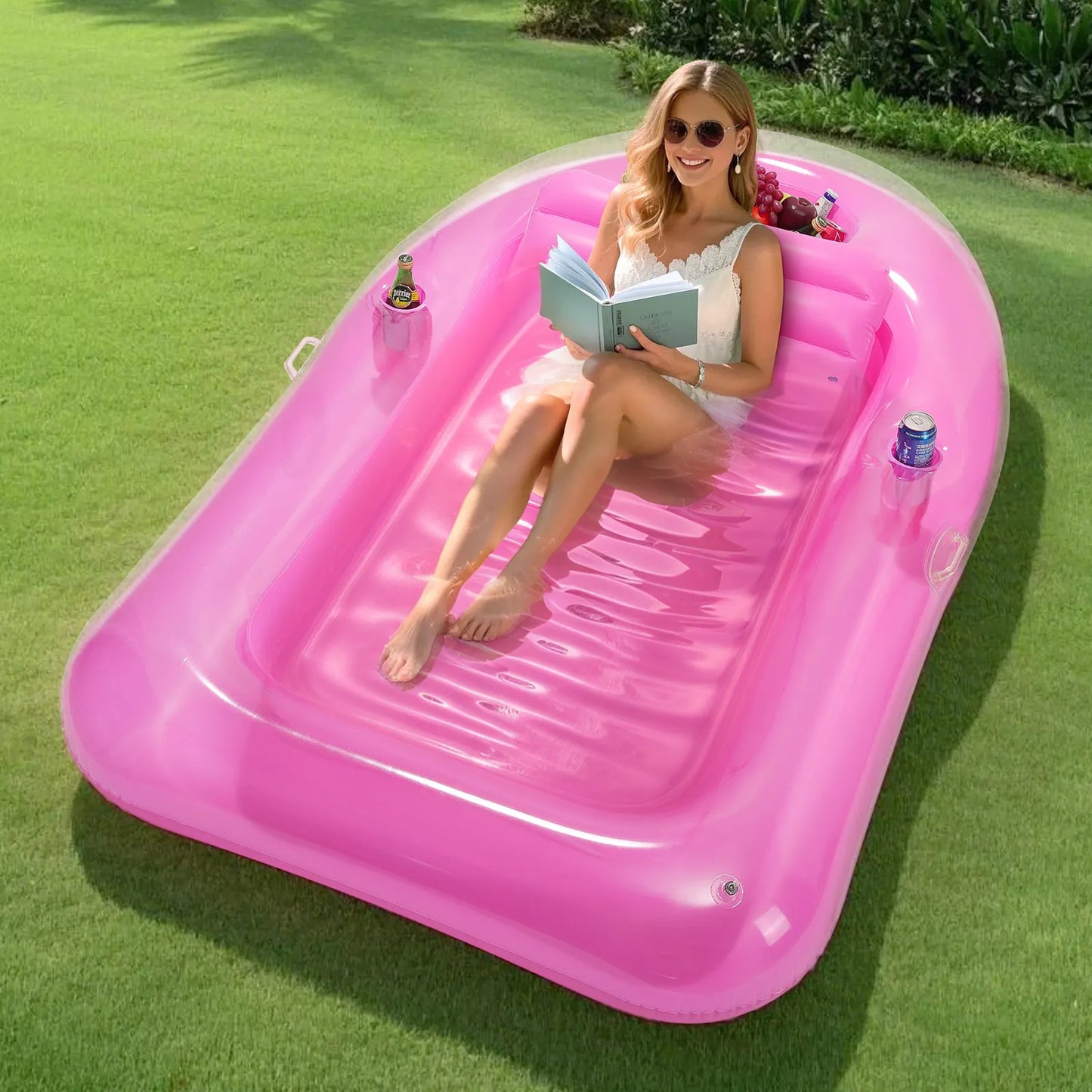 MoKo Inflatable Tanning Pool Lounge Float Pool Floats Adult Boat with Ice Bar and Cup Holders Large Suntan Tub Raft Floaties