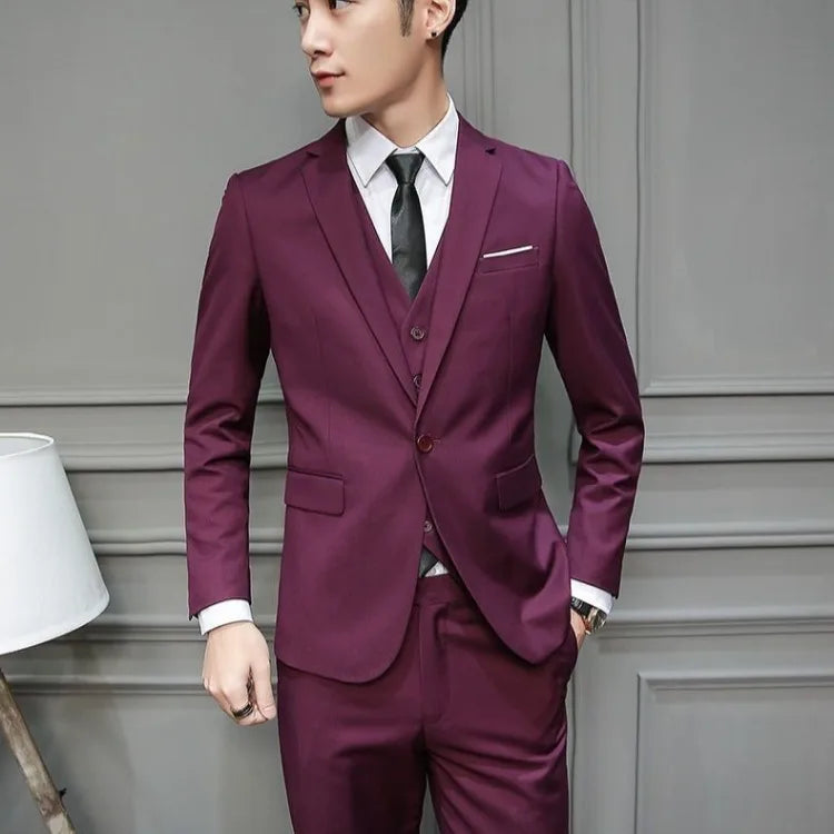 Men Suit 3 Piece Set Slim Fit Korean Style Best Man Groom Wedding Tuxedo Brother Group Formal Attire