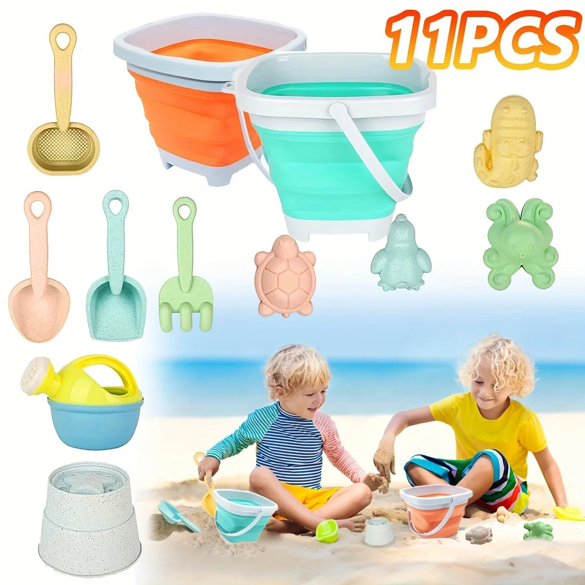 11Pcs Beach Toys Set Gift Package Sand Toys for Kids Sandbox Toys with Collapsible Bucket Shovel Set Sand Molds Summer Outdoor