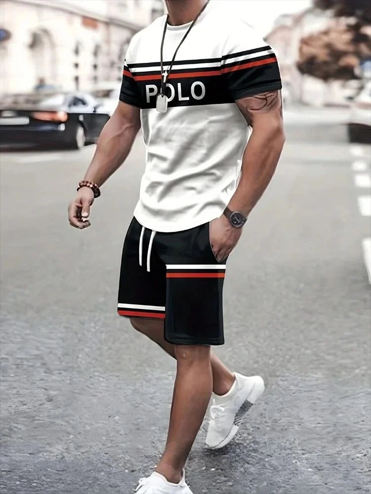 Men's summer striped letter printed soft and breathable round neck T-shirt shorts set, outdoor urban casual two-piece set