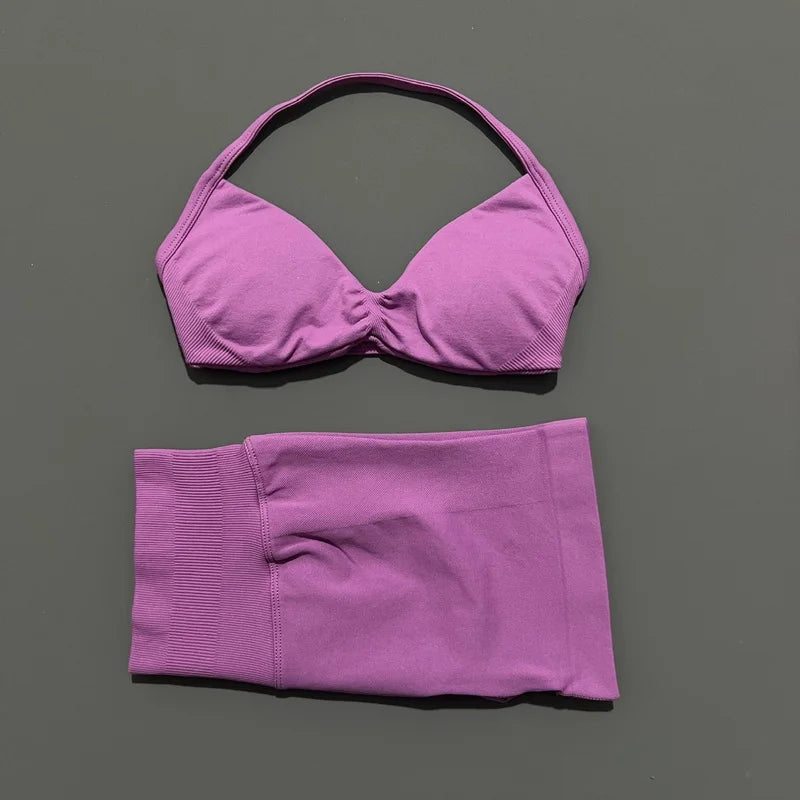 2 Pieces HISTELLO Sports Set Seamless Strappy Yoga Bra High Waist Scrunch Shorts Breathable Elastic Gym Workout Fitness Clothes