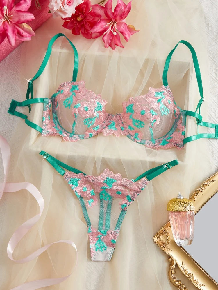 Sexy Lingerie for Women Floral Embroidery Lingerie Set Romantic Mesh Underwear Transparent Three-point Bra Set Intimate Lingerie