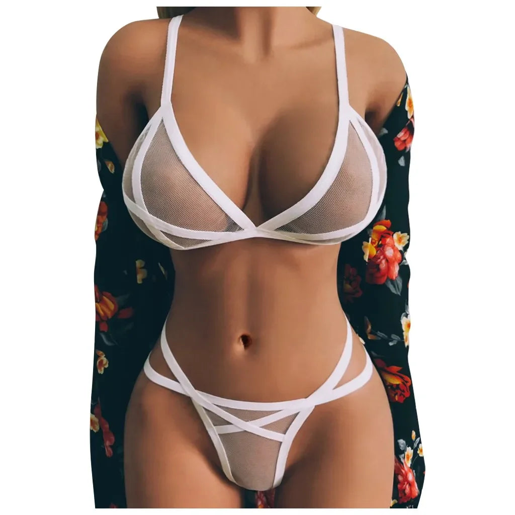 Women Sexy Lingerie Corset Solid Mesh Underwire Sleepwear Underwear Set Underwear Transparent Bra Party Sets Lenceria Femenina