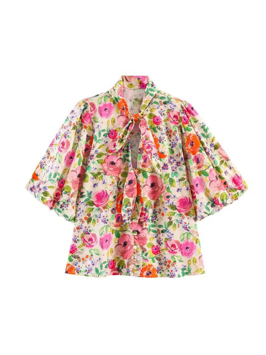 Women Summer Shirts Blouses Tops 2026 Fashion Floral Print Bow Collar Short Sleeve Female Elegant Street Top Clothing