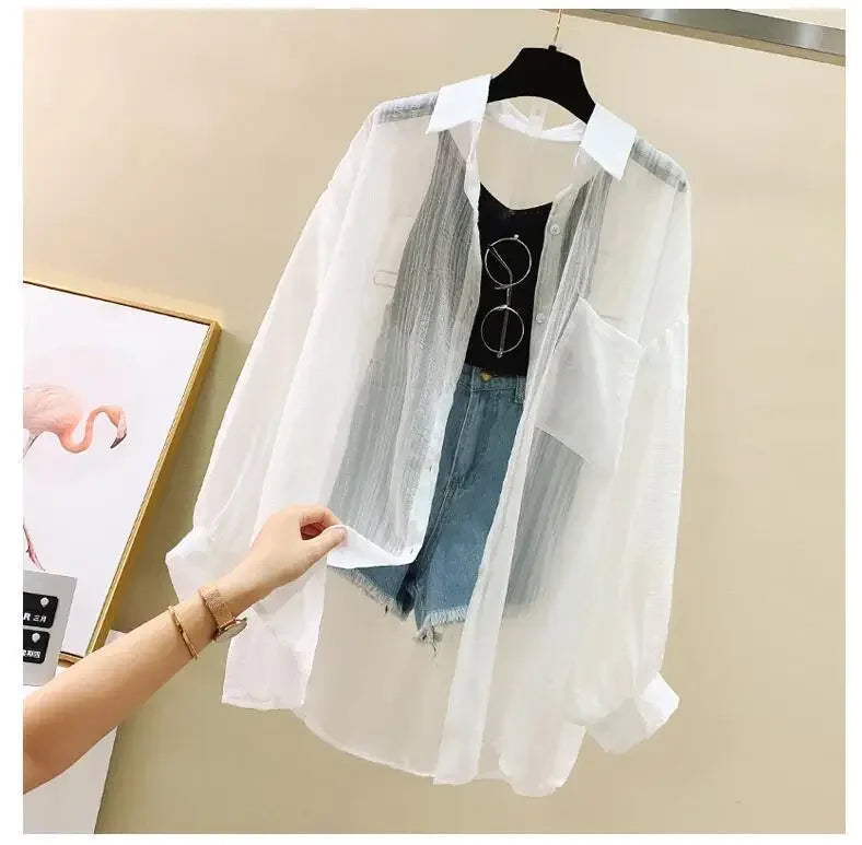 Summer Women's Elegant Chiffon Sunscreen Shirt Korean Harajuku Style See-Through Loose Blouse Thin Perspective Cardigan Yk2 Tops