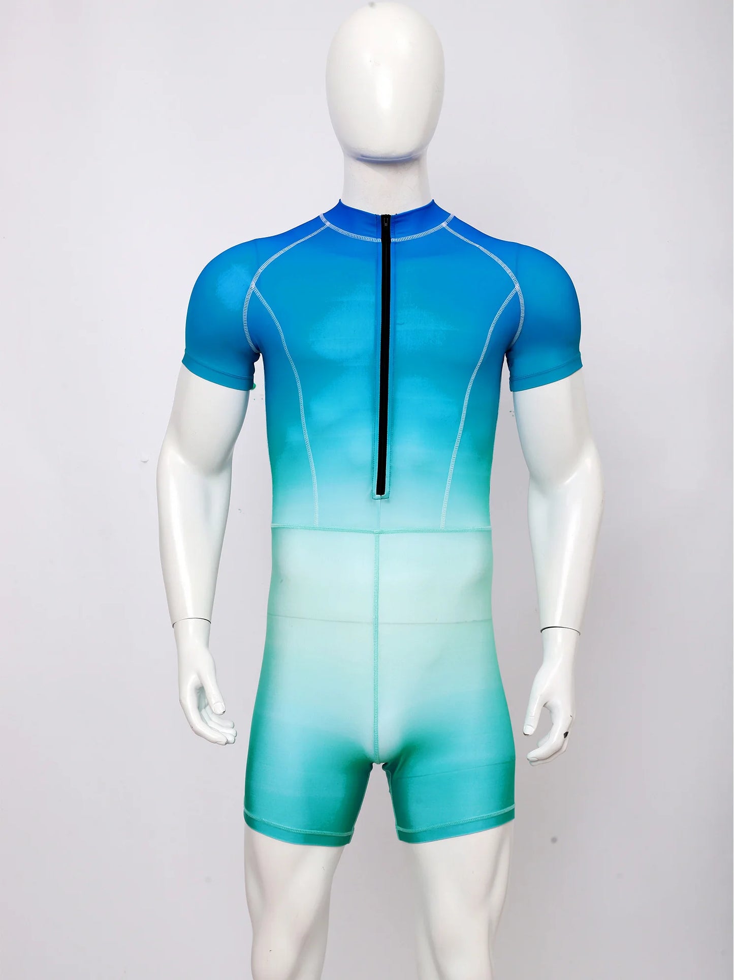 Men Gradient Bodysuit Rash Guard Swimwear Wetsuit Short Sleeve Zipper Bathing Suit Surfing Beach Pool Water Sports Wimsuit