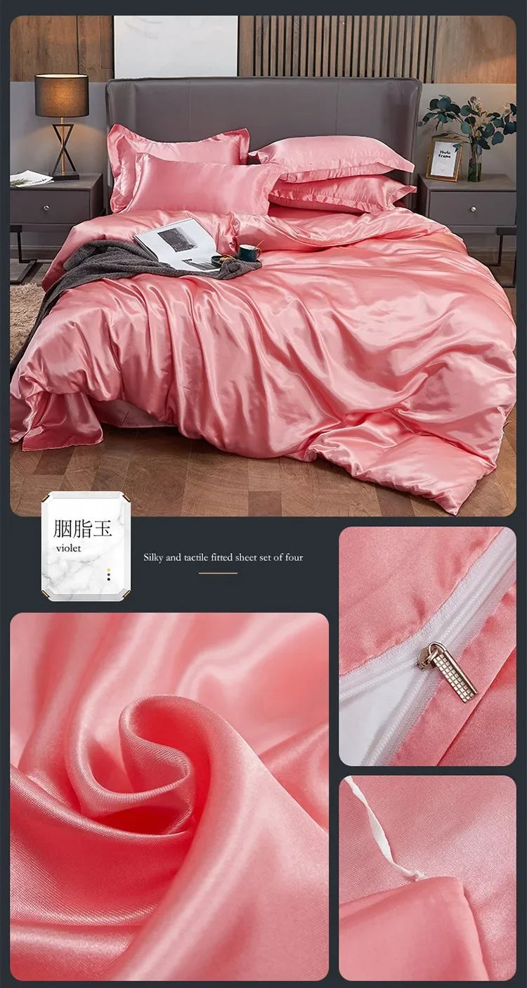 Solid Color Silk-like Bedding European and American Bed Sheet Quilt Cover Pillowcase