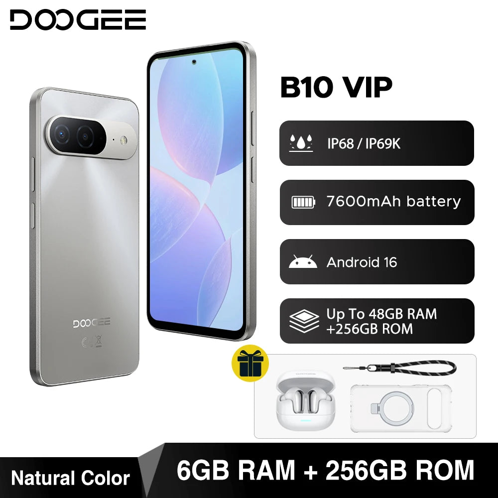 Global Version DOOGEE B10 Smartphone Android 16 7600mAh Battery 6GB 256GB 6.6'' Display 64MP AI Camera IP68 / IP69K Mobile Phone