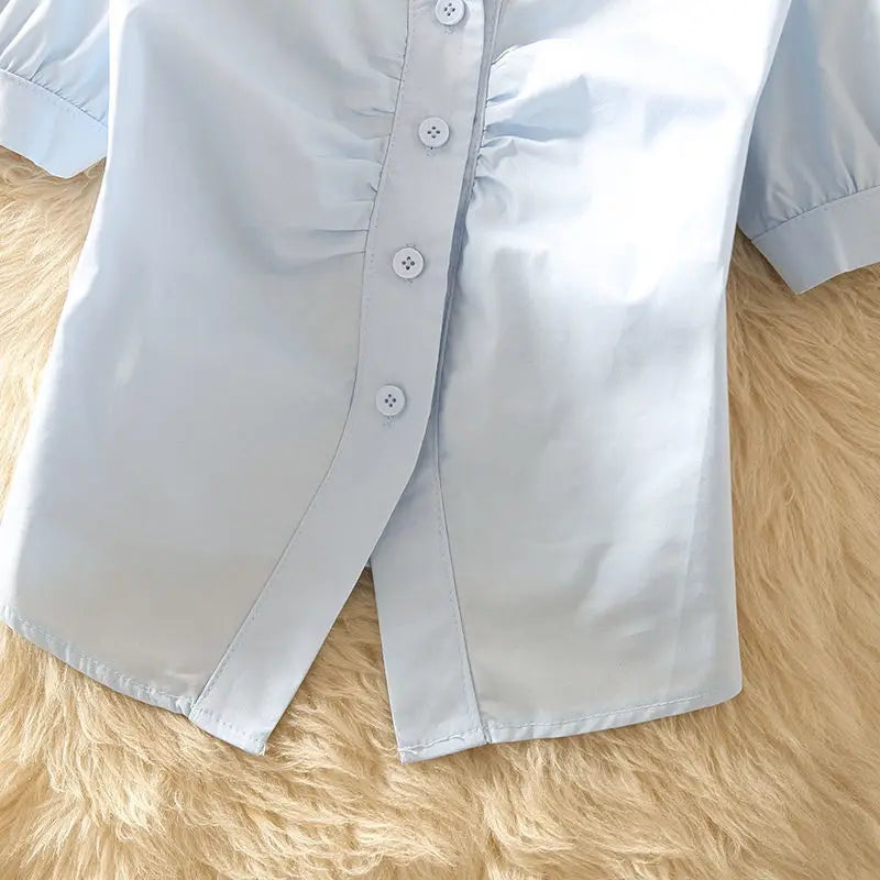 Cropped Summer Shirts Women Simple Office Lady All-match Solid Sweet Short-sleeve Design Chic Young Y2k Tops Popular Slim Preppy