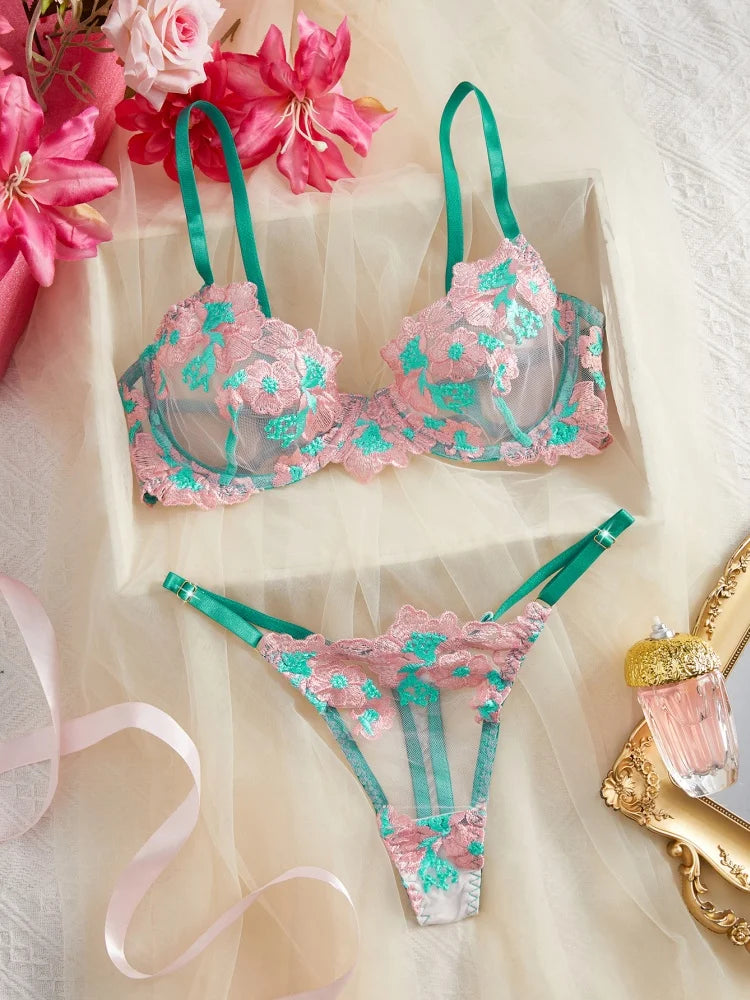 Sexy Lingerie for Women Floral Embroidery Lingerie Set Romantic Mesh Underwear Transparent Three-point Bra Set Intimate Lingerie