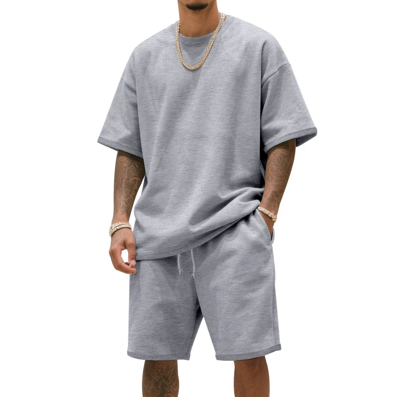 Men's two-piece clothing set, loose round-neck T-shirt and shorts set, casual sportswear, perfect for summer