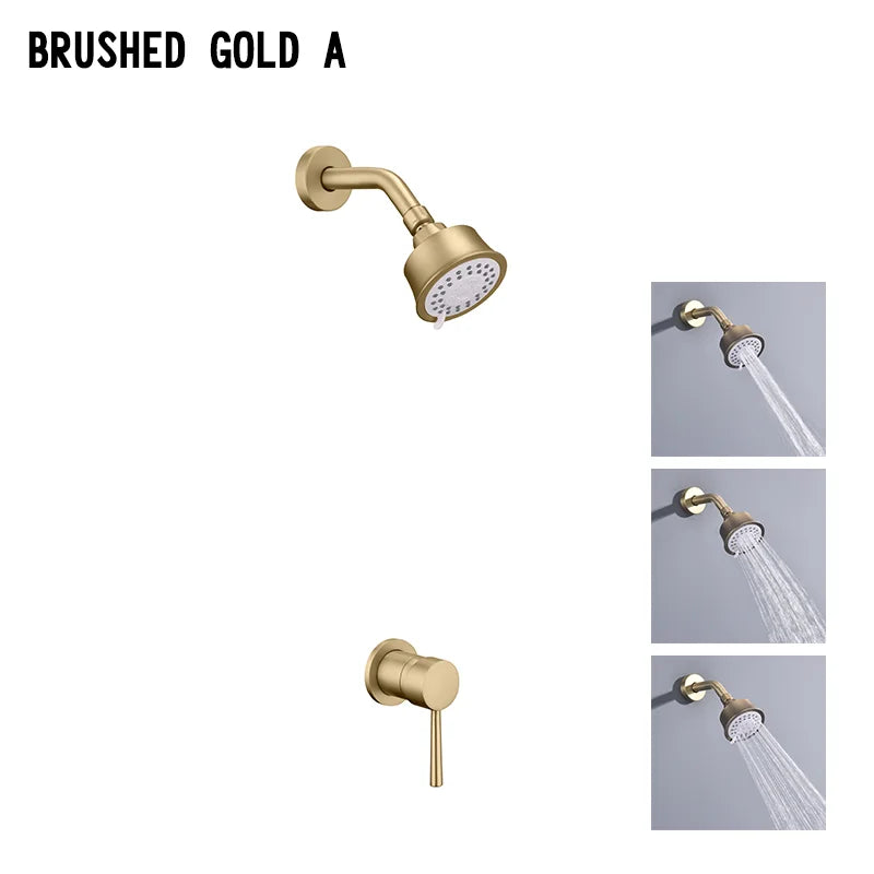 High Quality Brushed Gold Wall Mounted Bathroom Shower Mixer Brass Faucet Hot Cold Water Mixer Tap ABS Head Rainfall Shower Set