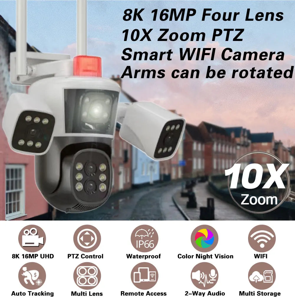 Smart Home WiFi Security Camera 16MP 8K HD Video CCTV Surveillance IP Cameras Outdoor 360° Wireless 4-Lens 3-Screen Camera