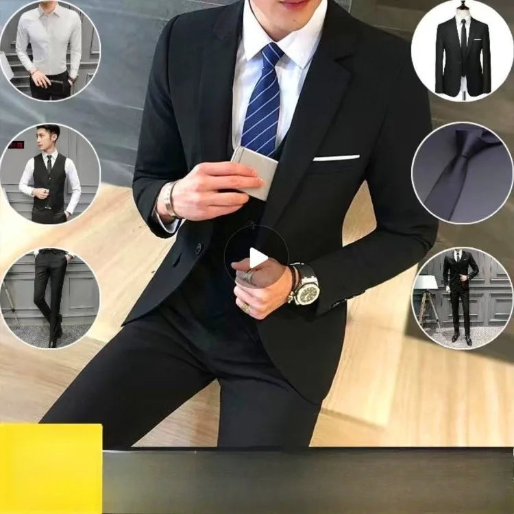 Men Suit 3 Piece Set Slim Fit Korean Style Best Man Groom Wedding Tuxedo Brother Group Formal Attire