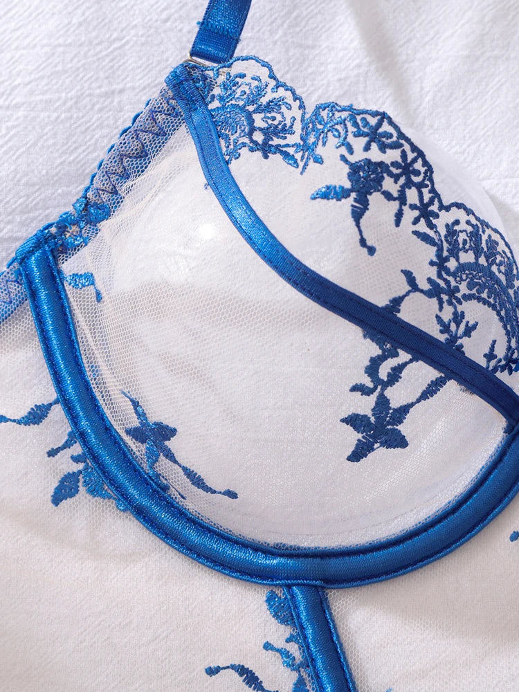 Sexy Porn Body Lingerie Lace Flower Embroidery Transparent Underwear Erotic Costume Bra And Thong Two Piece Exotic Sets Lenceria