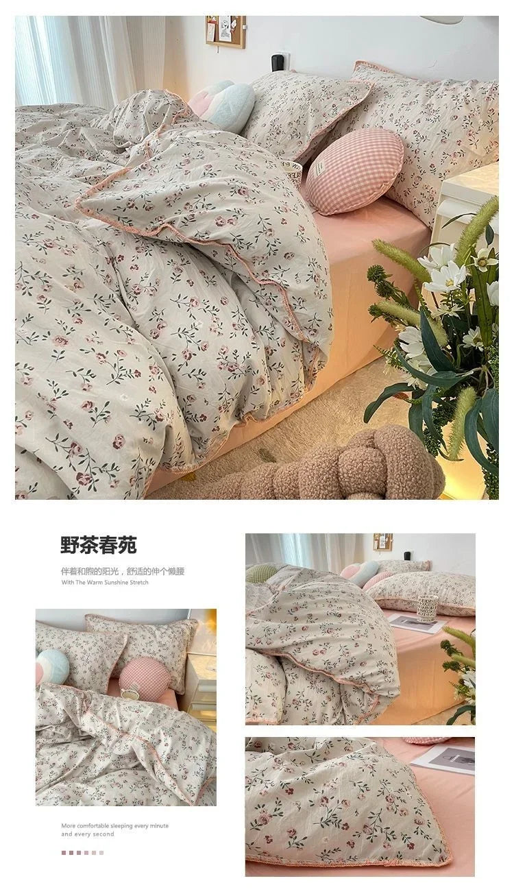 Bedding Set  Girls Cherry  Soft Washed Cotton Bed Sheet Queen King Size Duvet Set  Comforter Set Pillowcase Bed Linens