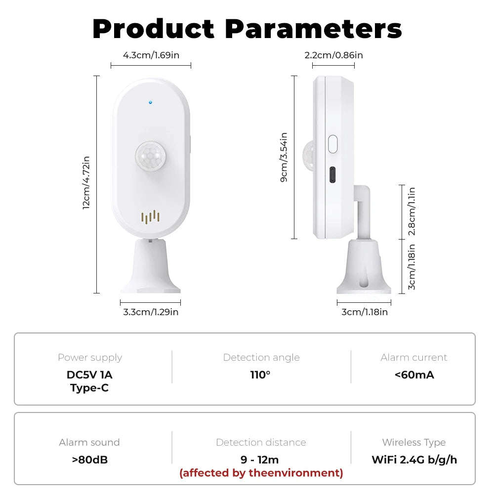 SMATRUL Tuya Smart Wifi Pir Motion Sensor Usb Home Security System Detector Alarm App Remote Control Timing Arming