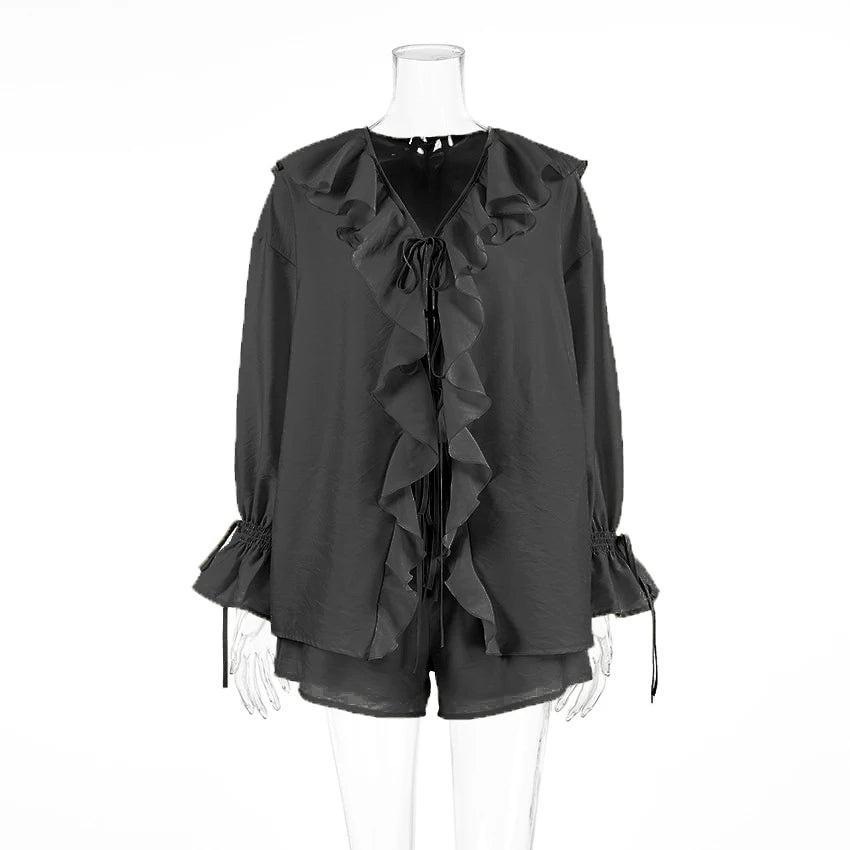 Tornova Women's Ruffled Shorts Sets V Neck Loose Lace Up Shirt Loose Through Sexy Casual Shorts Female Spring New Matching Sets
