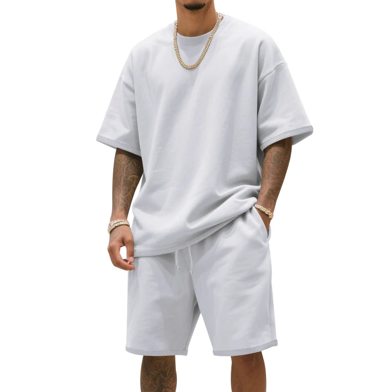 Men's two-piece clothing set, loose round-neck T-shirt and shorts set, casual sportswear, perfect for summer