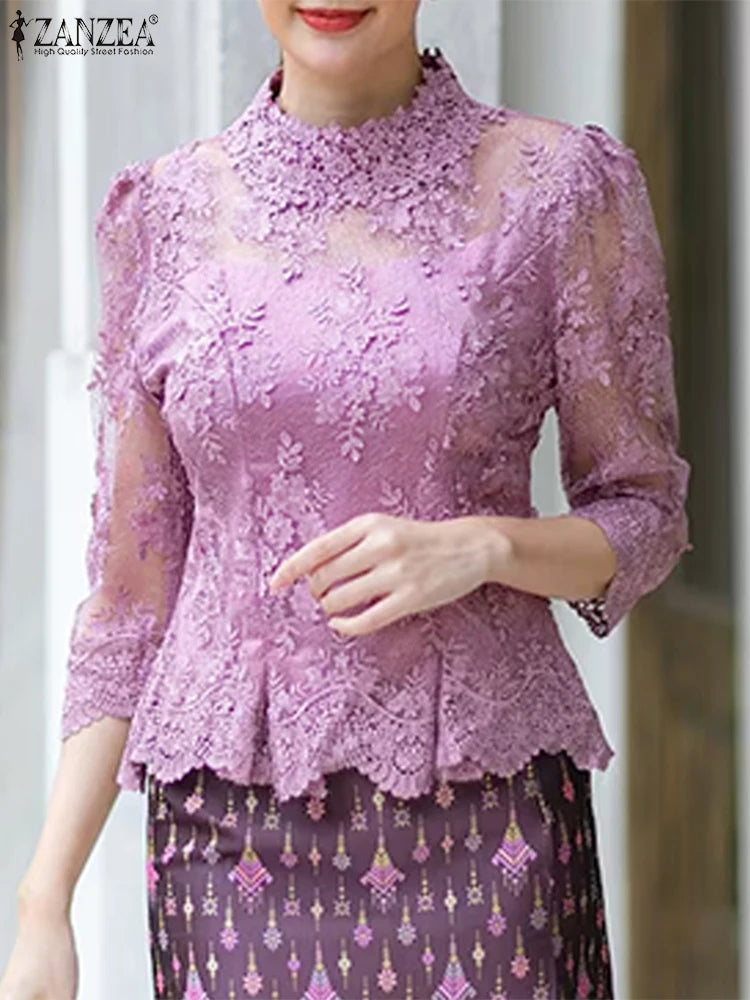 Summer Lace Blouse Women Tops Vintage Hollow Out Floral Blusas 3/4 Sleeve O Neck Tunics 2025 ZANZEA Casual Transparent Pullover