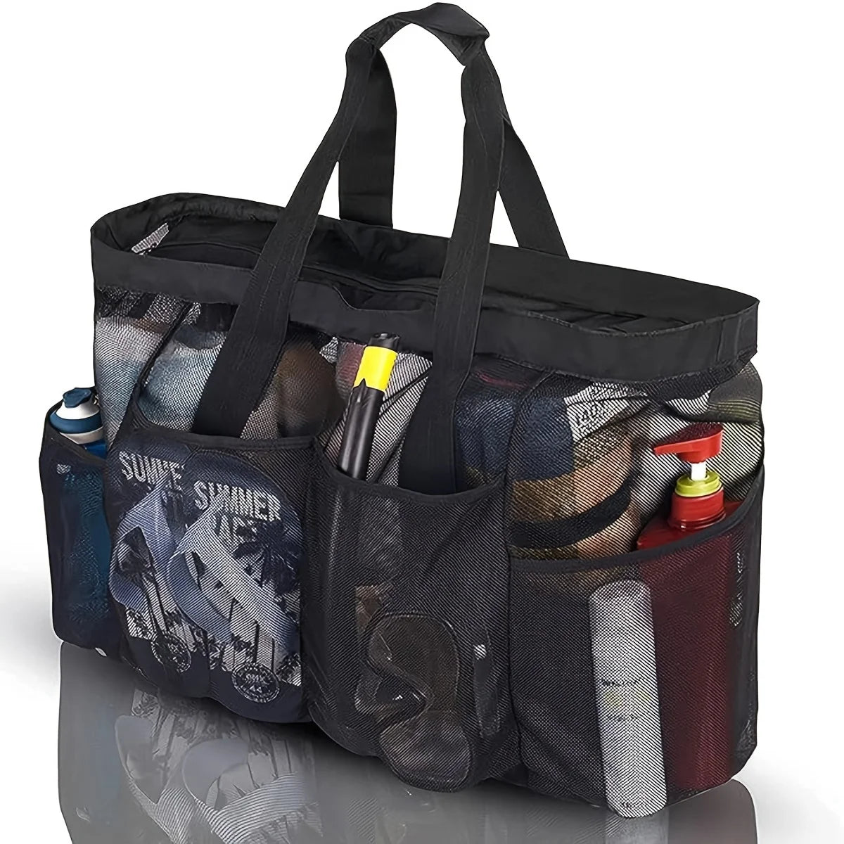 1pc Extra Large Mesh Beach Bag, Breathable Mesh Tote With Zipper & Side Pockets, Portable Large Capacity Finishing Organizer Bag