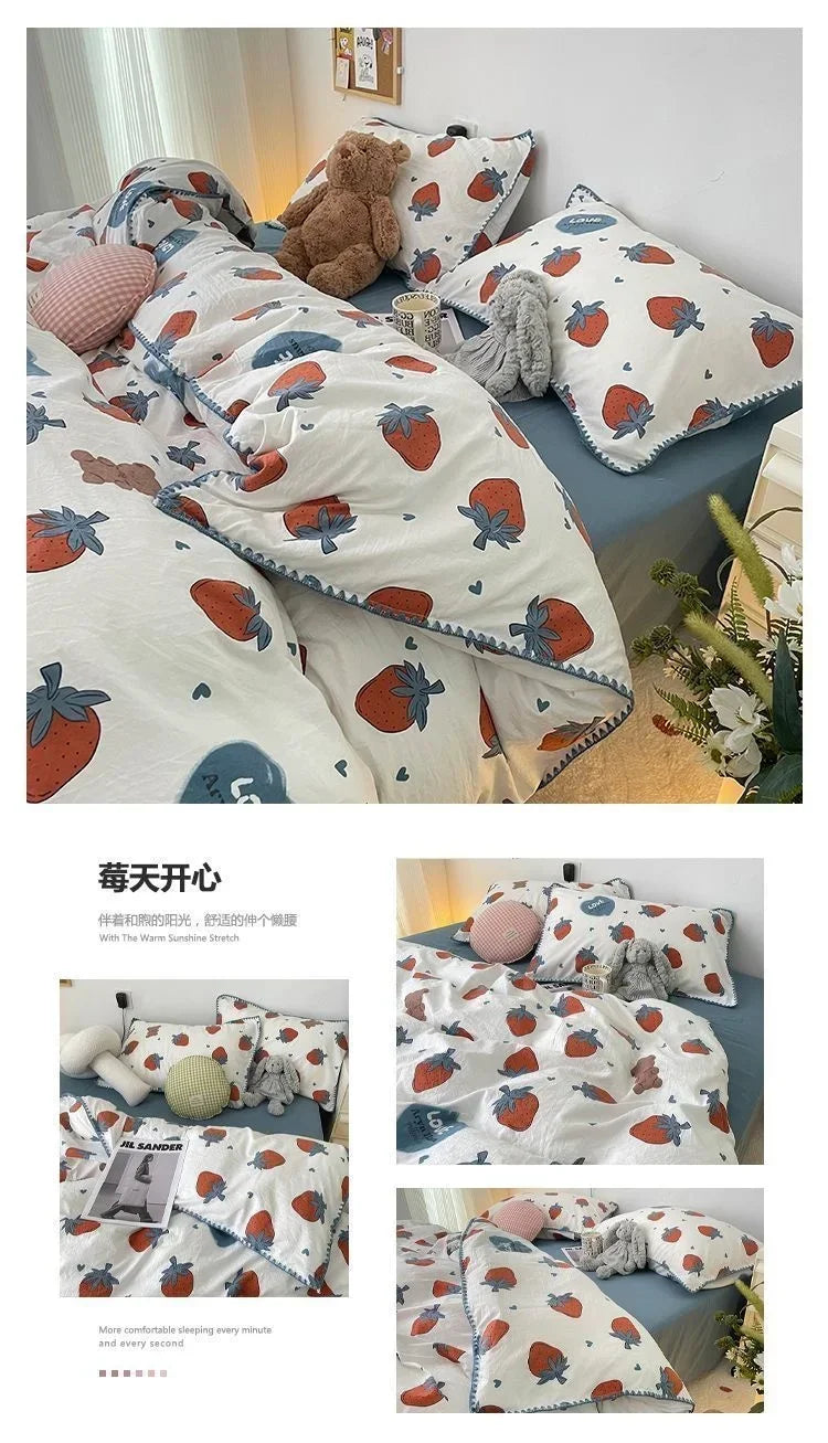 Bedding Set  Girls Cherry  Soft Washed Cotton Bed Sheet Queen King Size Duvet Set  Comforter Set Pillowcase Bed Linens