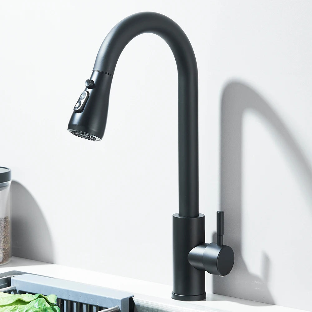 Old Style Pull-out Rotating Kitchen Faucet, 360° Swivel Stainless Steel Water Faucet in Brushed/Black Finish for Sink