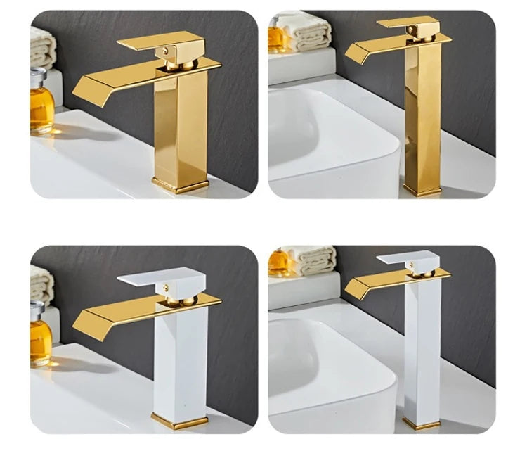 Waterfall Basin Faucet Gold and Black Sink Waterfall Mixers Bathroom Faucet Deck Mounted Washbasin Taps