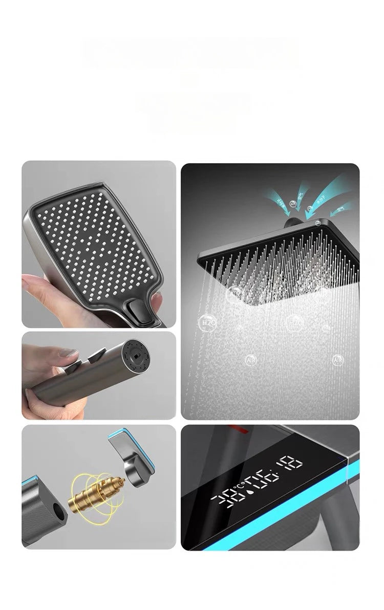 Black Shower Set Bathroom Hot and Cold Mixer Shower Mixer LED Digital Ambient Light Bathtub Wall Mounted Grey Shower System