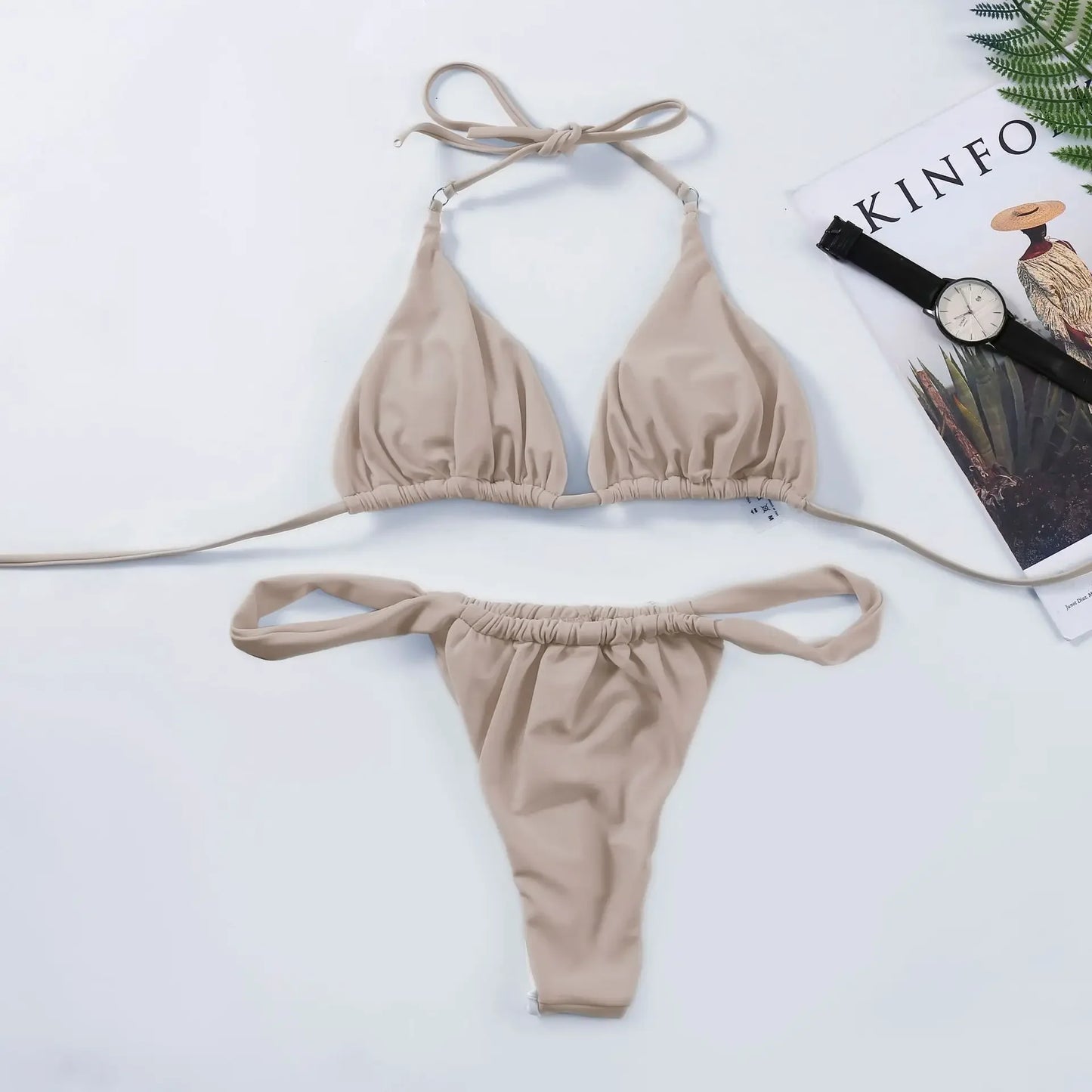 2025 Yearly Bikini Swimsuit Women's Separate Strap Pure Color Fabric Chest Pad Gathered Casual Beachwear Swimwear Set