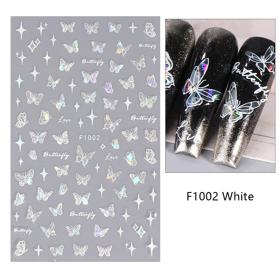 1PCS Black White Butterfly Laser Nail Stickers Y2K Nail Art Decoration Abstract Lines Bronzing Flowers Stickers For Nails
